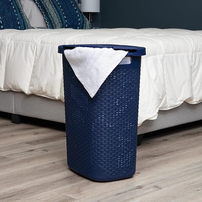 Mind Reader Slim Laundry Hamper with Lid, 60L Clothes Basket, Premium Wicker Design, Plastic, Navy