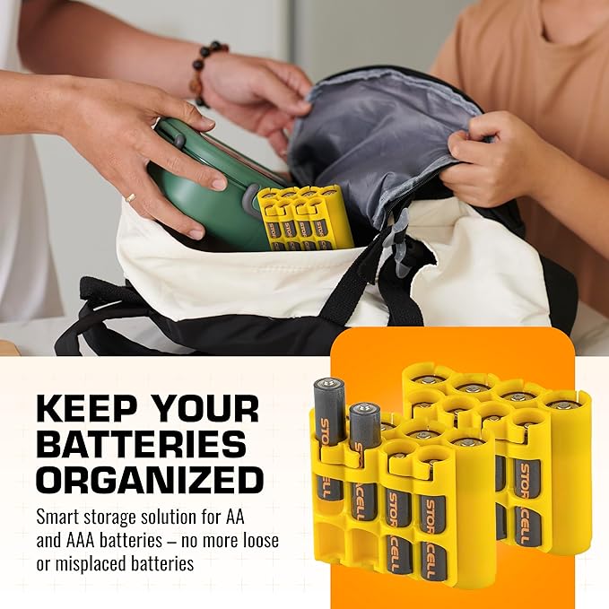 Storacell AA + AAA Combo Battery Storage Caddy and Dispenser (Pack of 2), Yellow, Holds 4 AA + 4 AAA Batteries (Not Included), Durable & Compact, The Original Battery Caddy, Made in USA