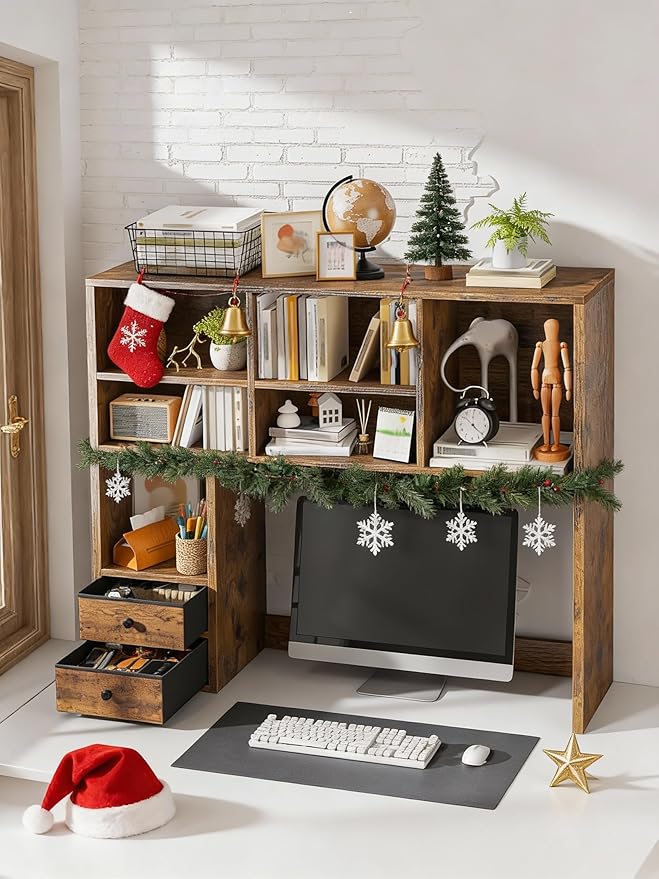 REIBII Desktop Bookshelf, High-Capacity Desk Hutch Organizer with 7 Shelves and 2 Drawers, Adjustable Bookshelf Storage, Desk Shelf for Top of Desk, Desk Hutch Dorm, Rustic Brown