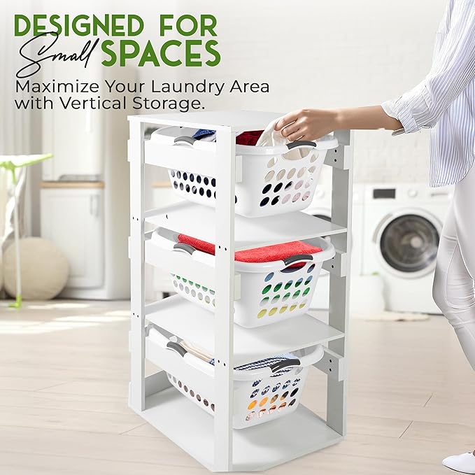 Laundry Basket Holder Shelf – Stackable Engineered Wood Laundry Tower, Tiered Hamper Organizer for Bathroom, Bedroom, Closet (White, 3 Tier)