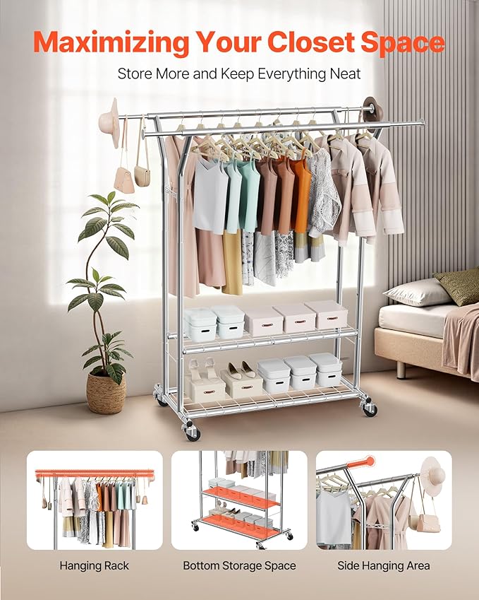 VEVOR Clothes Rack, Rolling Clothing Garment Rack, Extendable Carbon Steel Clothing Racks with Wheels for Bedroom, Laundry, Living Room
