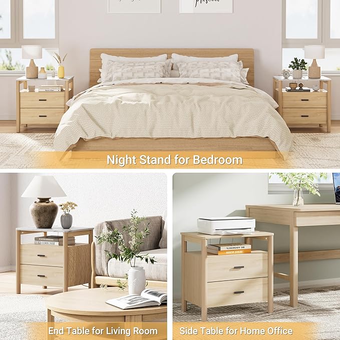 Night Stand Set of 2 with Charging Station, 24" Large Modern Nightstand with Faux Marble Top, 2 Drawers End Table with Solid Round Post Legs&Open Shelf, for Bedroom, Natural Oak