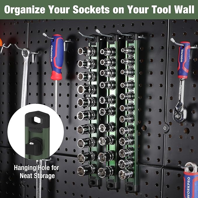 WORKPRO Magnetic Socket Organizer, 1/2-Inch Drive Aluminum Alloy Socket Rail, Heavy Duty Socket Holder, Socket Rack Kit 1/2-Inch x 10 Clips Green (Socket not Included)