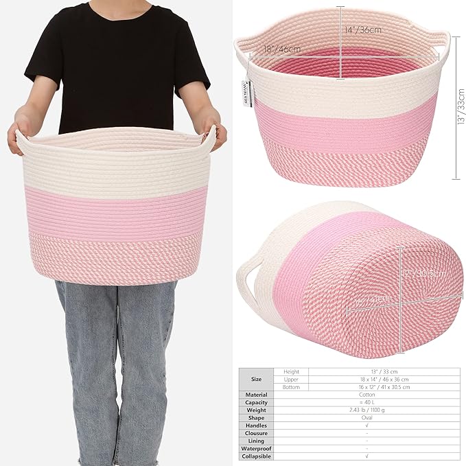 Sea Team Oval Large Cotton Rope Woven Storage Basket with Handles, Diaper Caddy, Baby Shower Basket, Nursery Nappies, Clothes Toys Organizer for Kid's Room, 16 x 13 inches, White & Mottled Pink