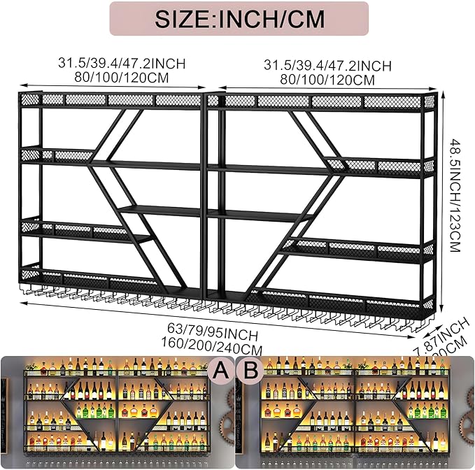 79in Metal Wine Rack Wall Mounted, Modern Wine Storage Rack Wall Mounted with Wine Glass Holder, Liquor Shelf, Bar Shelves for Liquor Bottles (4 Tiers Gold, 79 * 7.87 * 48.5INCH)
