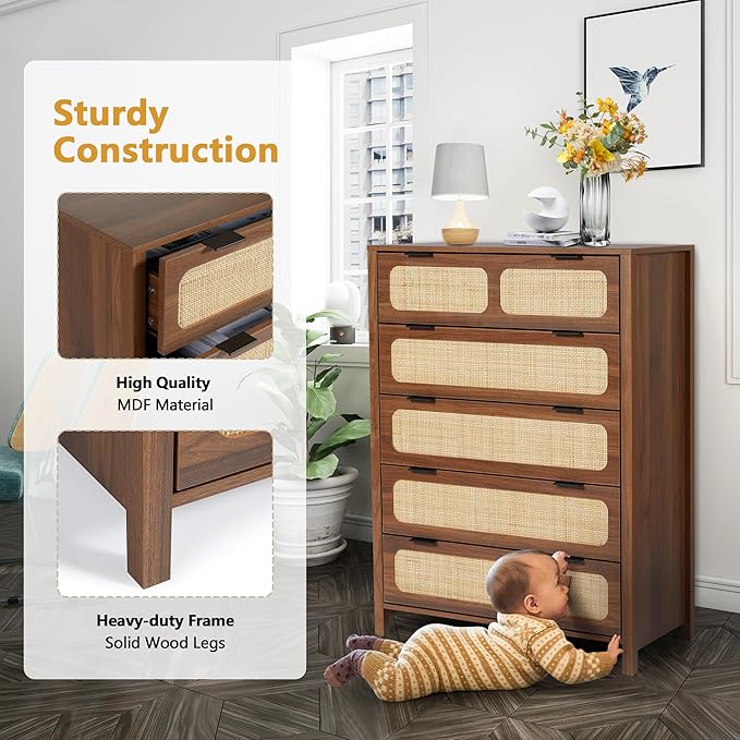 5 Drawer Dresser with Rattan Finish, Modern Farmhouse Chest of Drawers with Metal Handles, Accent Wood Storage Cabinet for Bedroom, Living Room (Walnut)
