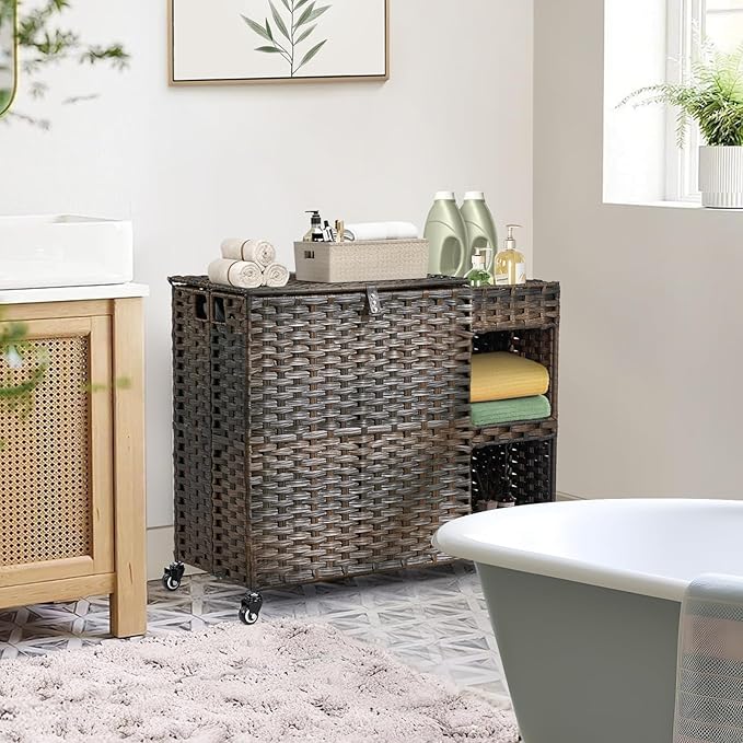 Laundry Hamper with Wheels, 42.3 Gal.(160 L) Laundry Sorter with Shelves, Rattan Clothes Hamper with 4 Removable Liners & 3 Mesh Bags, Handwoven Organizer for bedroom, bathroom, laundry room, Brown