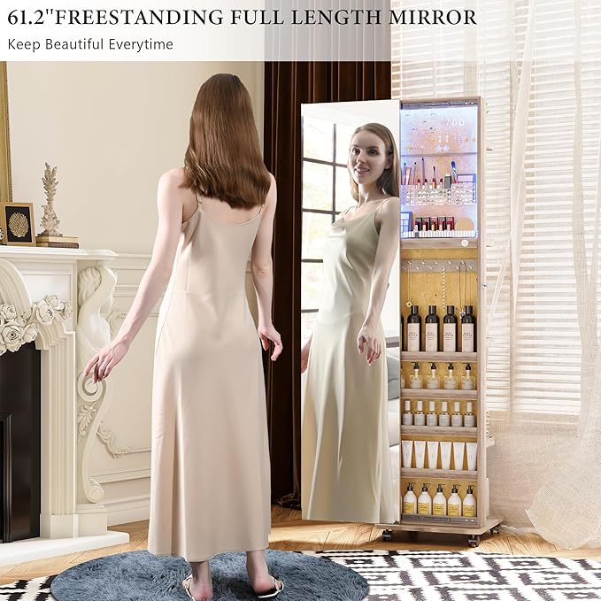 HNEBC 360° Rotating LED Jewelry Armoire, Full Length Mirror with Jewelry Storage Rear Storage Shelves, Floor Standing 3 Color Dimmable Mirror Jewelry Organizer with 4 Lockable Wheels (Brown)