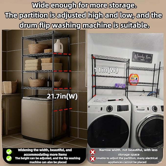 Washer, Dryer and Refrigerator Top Shelf - Extra-Wide Design, Thickened Structure, Washing Machine Rack,Height-Adjustable, Laundry Room Shelves Organizer，Over Dryer Storage(Black)