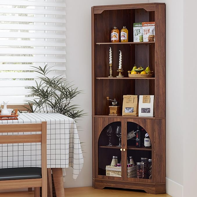 70" H Tall Coner Cabinet with Door & Adjustable Shelves, Mid-Century Farmhouse Wood Storage Cabinet, Home Pantry Hutch for Kitchen, Dining Living Room, Bathroom, Antique Dispaly (Walnut)