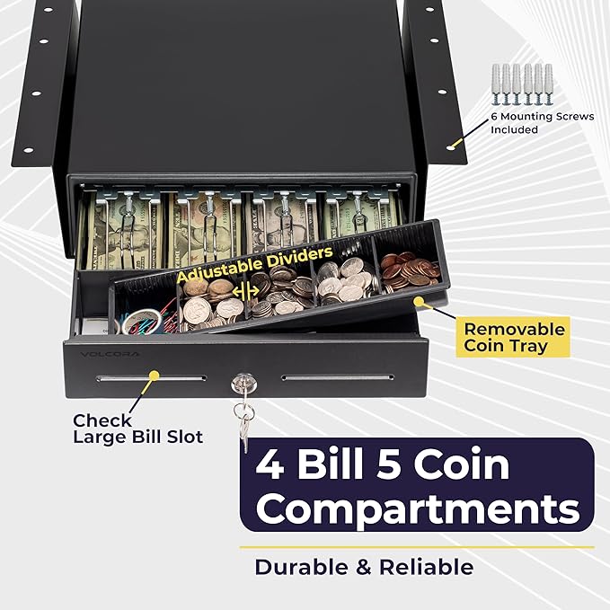 Volcora 13" Electronic Cash Register Drawer with Under Counter Mounting Metal Bracket - POS, 4 Bill 5 Coin Cash Tray, Removable Coin Compartment, 24V RJ11/RJ12 Key-Lock, Media Slot, Black