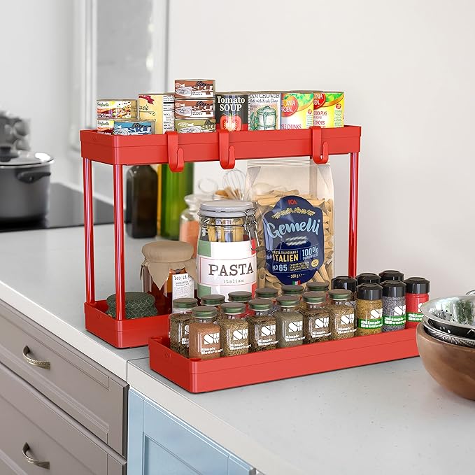 Simple Houseware 3-Tier Slim/Narrow Storage Cart with Handle, 5.5'' Wide x 26.5'' Height Rolling Organizer for Kitchen, Bathroom, Laundry Room - Red