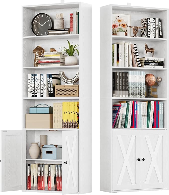 IRONCK Industrial Bookshelves and Bookcases with Doors Set of 2 Floor Standing 6 Shelf Display Storage Shelves 70 in Tall Bookcase for Home Office, Living Room