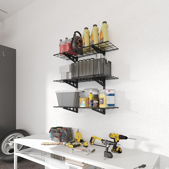 FLEXIMOUNTS 3 Tier 1x3ft Garage Storage Wall Shelving, 12x36inch per Shelf Height Adjustable Floating Shelves, 450lbs Total Weight Capacity, Black, Classic Series