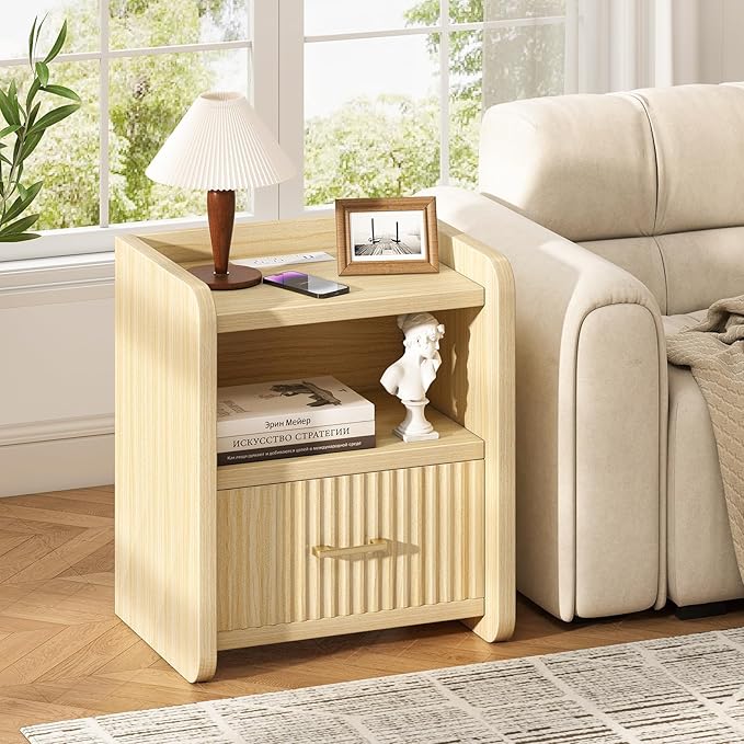 Night Stand with Charger Station, Fluted Wood Nightstand with Drawer Storage, Modern Bedside Table, Wide Nightstands for Bedroom, Mid Century Wooden Night Stands for Home Office Sofa Couch