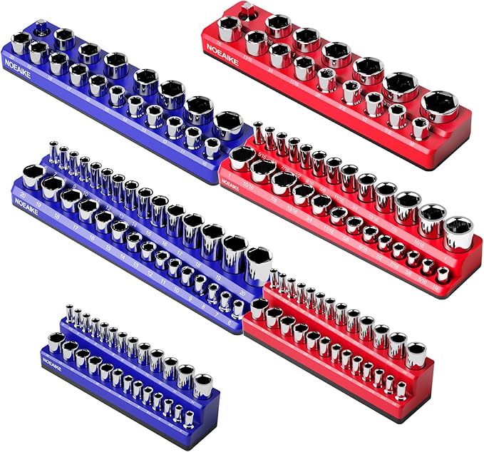 Magnetic Socket Organizer,6-Pack SAE & Metric 1/2,3/8,1/4 Inch Drive Sockets Holder,Holds 141 Standard/Deep Sockets,Blue and Red Magnetic Socket Tray(Sockets Not Included)