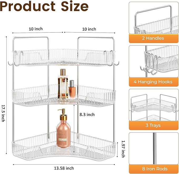 Corner Bathroom Counter Organizer 3-Tier Bathroom Organizer Countertop with Hooks Perfume Organizers Storage Shelf for Makeup & Skincare Dresser-Clear