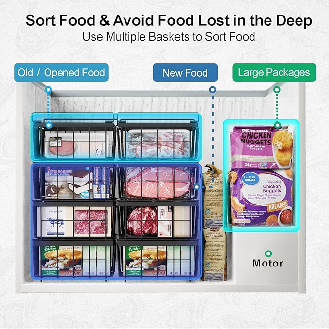 iSPECLE Chest Freezer Organizer - Fit 10 to 20 Cu.FT Freezer, 3 Pack Large Expandable Stackable Deep Freezer Organizer Bins Sort Frozen Food and Easily Get with Handle, Improve Air Circulation, Black