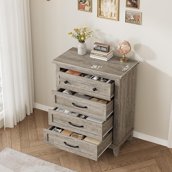 GarveeHome 4 Dresser for Bedroom, 34.8 in Tall Vertical Drawer Dresser with Large Storage, Freestanding Wooden Closet Chest for Bedroom, Living Room, Grey