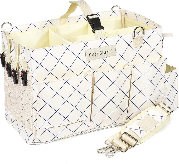 FifthStart Professional Cleaning Caddy - Heavy-Duty Organizer Tote with Adjustable Compartments, Mesh Base, 9 Pockets & Shoulder Strap for Cleaning Supplies (Blue Check, LArge)