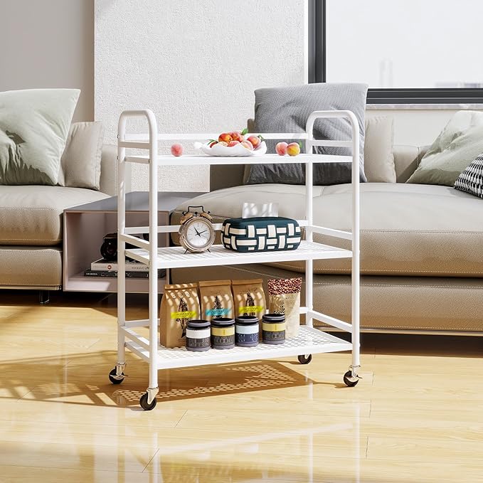 HDANI 3 Tier Metal Rolling Heavy Cart Supports 40 Lbs Per Tier,Mesh Rolling Cart with 2 Lockable Wheels for Office,Home,Bedroom,Kitchen,Bathroom(White)