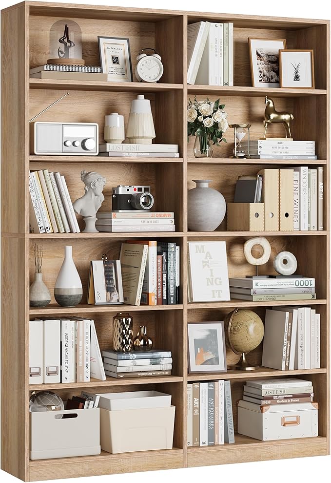 FACBOTALL Bookshelf and Bookcase, 6-Tier Double Wide Bookshelves,Freestanding Display Storage Shelves, Tall Bookcases for Home Decor Bedroom, Living Room, Home Office, Light Oak