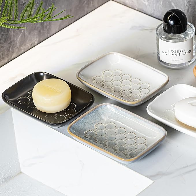 Gomakren Soap Dish for Shower, Ceramic Soap Dishes for Bar Soap Sponge, Christmas Shower Soap Holder Saver Tray for Bathroom Kitchen Sink, Easy to Clean, Gray