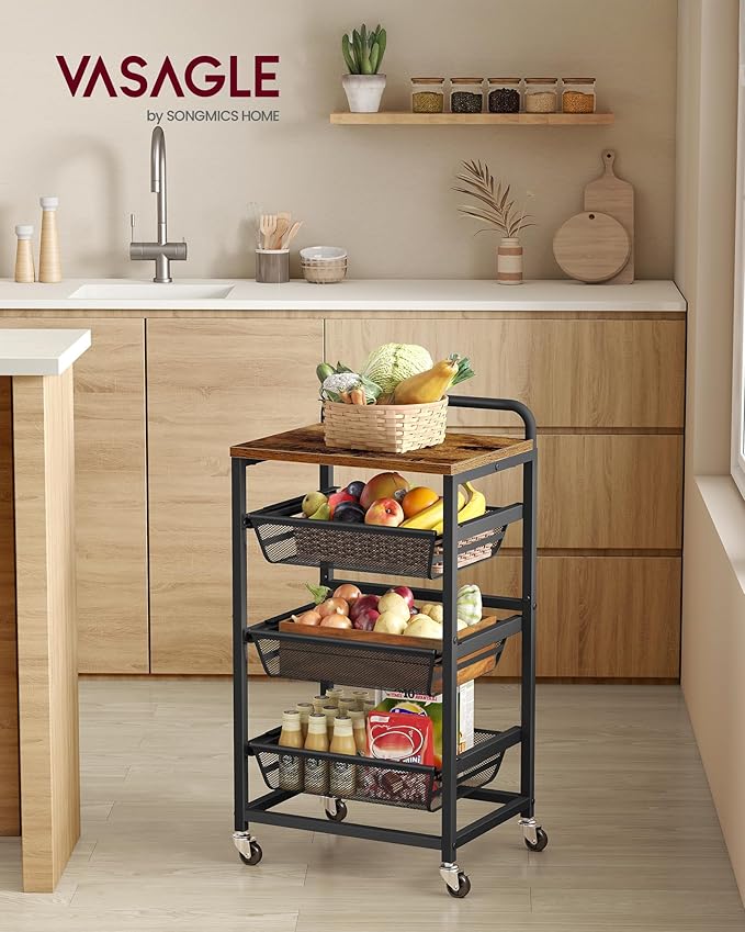 VASAGLE Storage Cart with Pull-Out Baskets, 4-Tier Kitchen Cart with Wheels, Handle, 12.5 x 15.8 x 29.9 Inches, Rustic Brown and Ink Black ULRC040K01