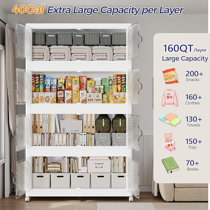 640QT Extra Large Stackable Storage Bins with Lid & Wheels & Doors, 160Gal Foldable Collapsible Closet Organizers, Plastic Cabinet Box Container Drawer for Home Kitchen Bedroom, 4Pack White