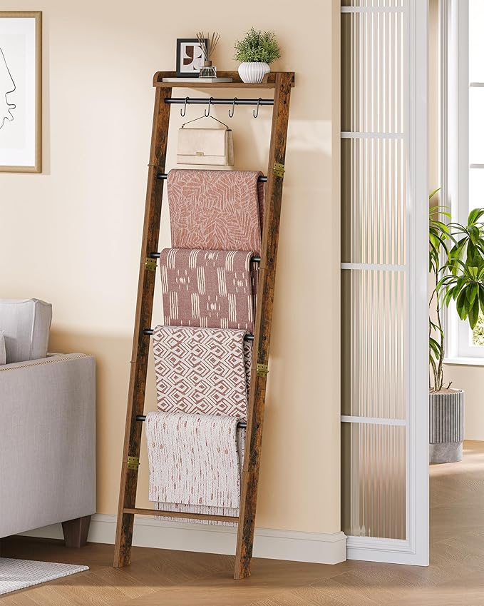 Blanket Ladder Shelf, Decorative Quilt Rack, 7-Tier Farmhouse Ladder Holder Organizer with 4 Removable Hooks, Rustic Brown BR36801B