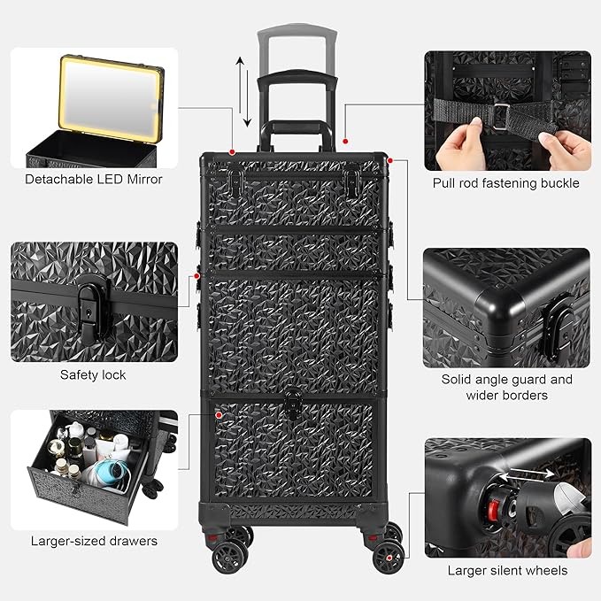 Rolling Makeup Case with Lighted Mirror, Makeup Train Case with Large Drawer, Cosmetology Case, Travel Makeup Organizers, Professional for Salon Barber, Nail, Tattoo, Black