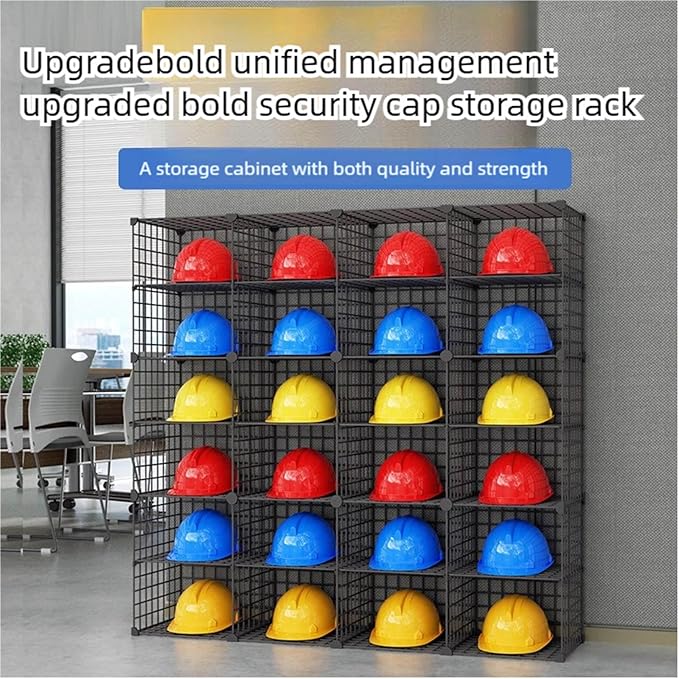 Stackable Safety Helmet Storage Boxes, Large Adjustable Hard Hat Placement Organizer Rack,with Wheels,for Construction Site/Garage/Workshop/Factory Helmet Display Shelf (Black, 32 Grids-4 * 8)
