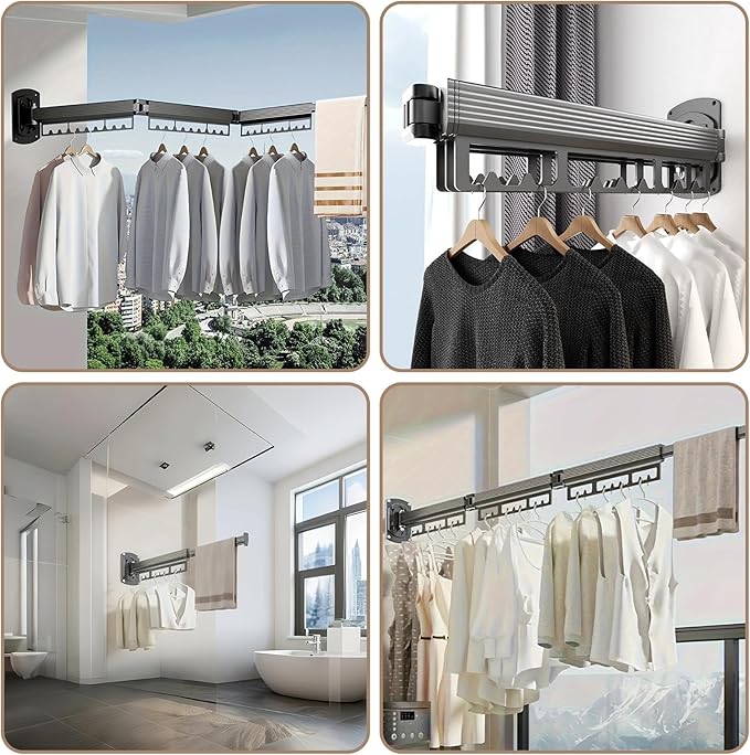 Wall Mounted Drying Rack, 220LB Capacity Tri-Fold Aluminum Clothes Airer, 180° Swivel Space Saving Laundry Rack for Indoor Outdoor Use in Bathroom, Balcony, Kitchen (Black)