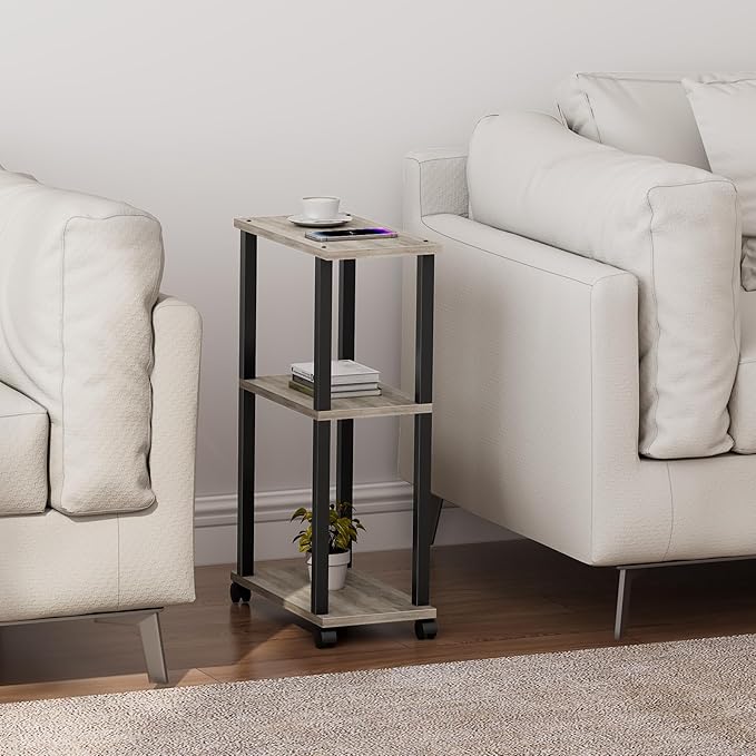 TUTOTAK Small Side Table, Narrow End Table, Bedside Table, Couch Side Table with Wheels for Living Room or Bedroom, Greige TB01BG061
