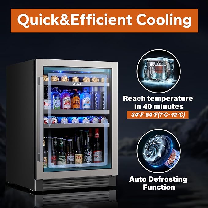 Ca'Lefort 24 Inch Beverage Refrigerator - 220 Can Beverage Fridge with 34° -54°F, Built in or Freestanding Beverage Cooler with Glass Door and 3 LED, Drink Fridge for Home/Kitchen(5.65 cu.ft)