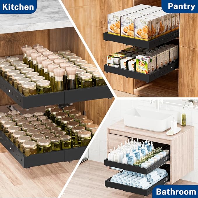 Insputer Pull Out Cabinet Organizer Expandable (12.4"-20.08")W & (16.26"-22.44")D, Slide Out Drawers for Kitchen, Pantry with 2Pcs Magnetic Panel, 3 Slide Rail, No Drill Adhesive Roll Out Shelf Black
