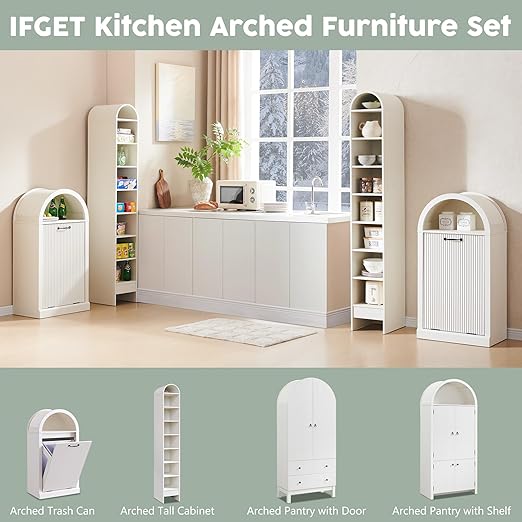 Arched Tilt-Out Trash Can Cabinet, Fluted 10 Gallon Trash Can with Open Shelf, Modern Laundry Hamper Cabinet, Hidden Garbage Can with Storage Basket for Kitchen, Living Room, White