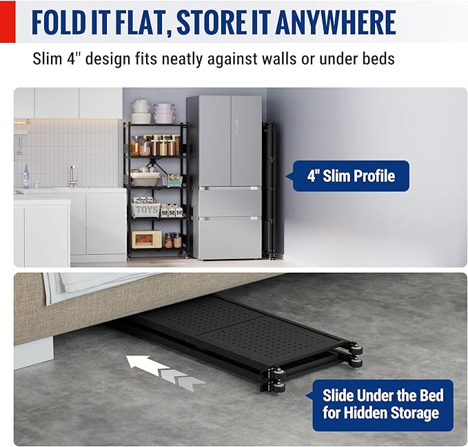 WORKPRO 5-Tier Folding Shelf, No-Assembly Metal Storage Rack with Wheels, 750 lbs Capacity (Without Wheels), Collapsible Shelving Unit for Kitchen, Pantry, Bathroom & Closet Organization