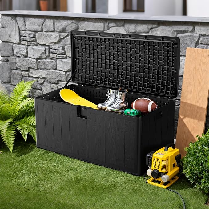 JEKO&JEKO 110 Gallon Outdoor Storage Box, Large Plastic Deck Box with Lockable Lid for Patio Furniture, Garden Tools, Outdoor Cushions and Shoes, Black