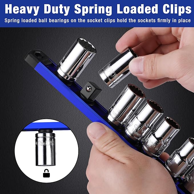 WORKPRO Magnetic Socket Organizer - 6-Piece Aluminum Alloy Socket Rail, Heavy Duty Socket Holder - Set: 1/4-Inch x 12 Clips, 3/8-Inch x 10 Clips, 1/2-Inch x 10 Clips