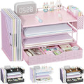 gianotter Wood Desk Organizers and Accessories with File Holder, 4-Tier Desk Accessories & Workspace Organizers with Drawer and Pen Holder, Paper Organizer for Office Supplies (Pink)
