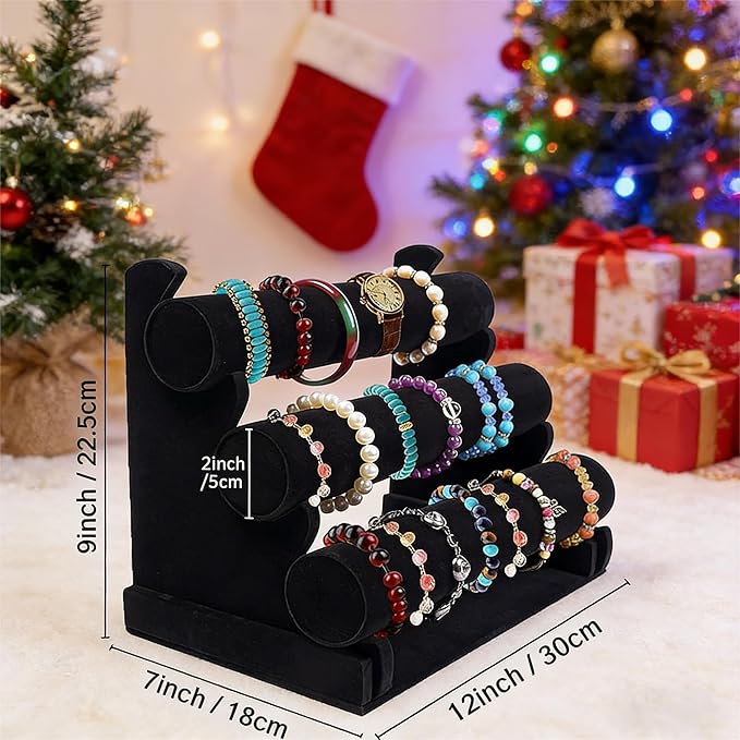 Barelove Velvet Bracelet Holder with 3 Tier Rack, Black T-Bar Storage Organizer Detachable Display Stand for Necklace Watch Bangles Bracelets Scrunchies Organization Showcase