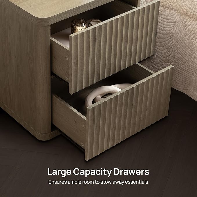 SICOTAS Night Stand Set of 2 Nightstands with 2 Drawers Storage Bedside Table Large Fluted Bed Side End Table Modern 24.4" Tall Wide Night Stands for Bedroom Living Room Sofa Couch Office, Grey Alder
