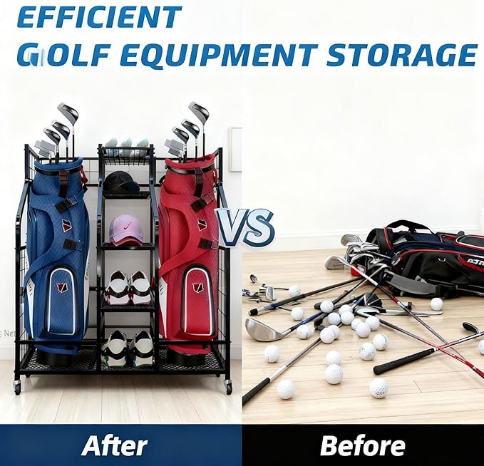 Golf Bag Storage Organizer Stand - Heavy Duty Steel Rack Holds 2 Golf Bags with Central Storage Shelf for Golf Balls, Shoes & Accessories, Space Saving Garage Golf Club Equipment Holder