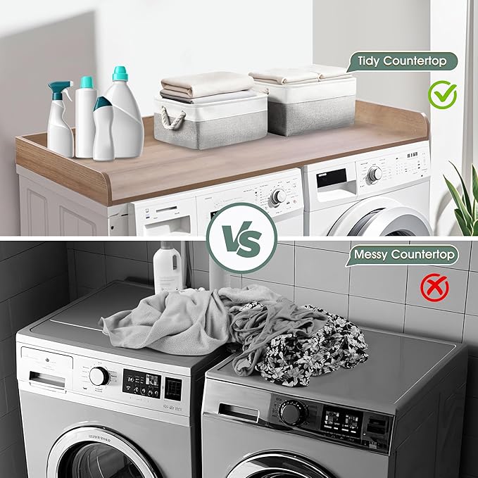 Washer Dryer Countertop with 2 Pack Storage Baskets, Wood Washer and Dryer Countertop with Non-Slip Pads/Edge Rails for Laundry Room Storage and Organization, 27.5" W x 54" L(Woodcolor)