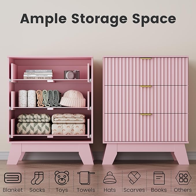 Night Stand Set 2, Bedside Table & End Table, Mid Century Modern Fluted Wood Nightstand with 3 Drawers & Metal Handles, Farmhouse Nightstand for Bedroom, Pink