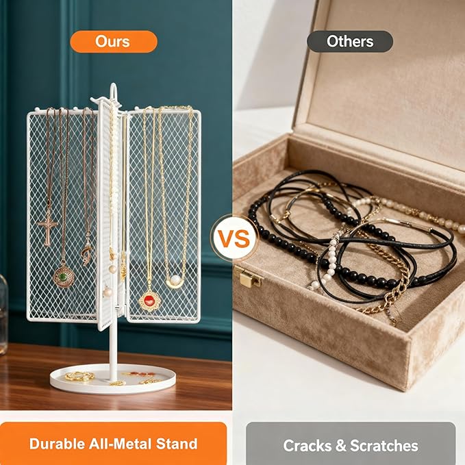 Rotating Necklace Holder Organizer, Necklace Storage Jewelry Stand, Metal Jewelry Stand with 40 Hooks for Necklace Earring Ring Bracelet Display Stand, Women Gifts - White