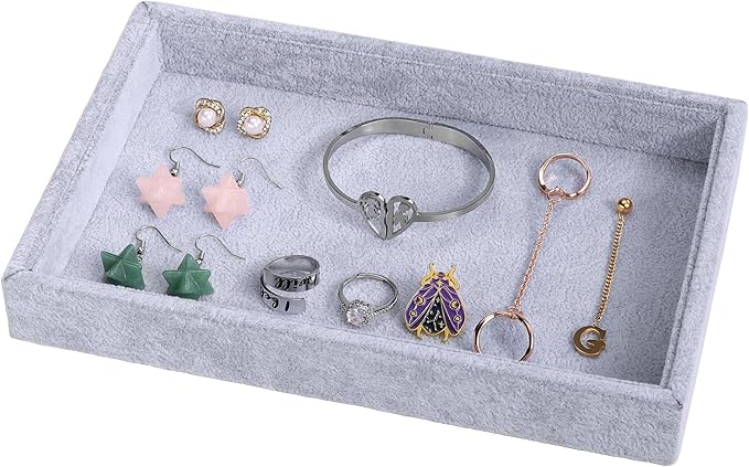 Mornajina 9" x 5.7" Velvet Jewelry Tray Jewelry Display Tray, Stackable Empty Plate Trays for Earrings Necklaces Bracelet Rings Display Showcase - Grey