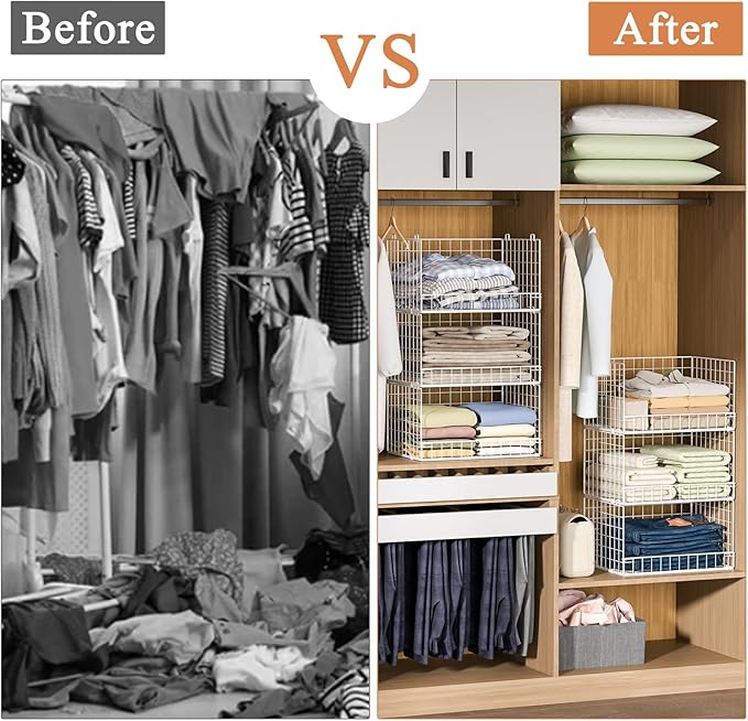 Closet Organizers and Storage Basket- 3-Tier Stackable Storage Bins, Foldable Closet Shelf Organizer Basket, Stackable Clothes Organizers Shelves for Home Organizer System