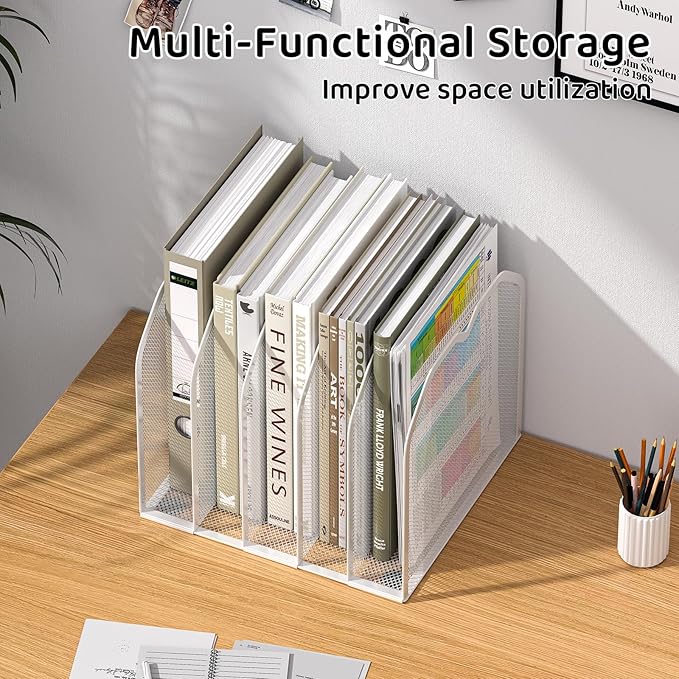 White 5-Section File Folder Organizer for Desk – 8.5"×9.3" Metal Vertical File Holder, Desktop File Organizer Vertical Stand, Letter/A4 Upright File Sorter
